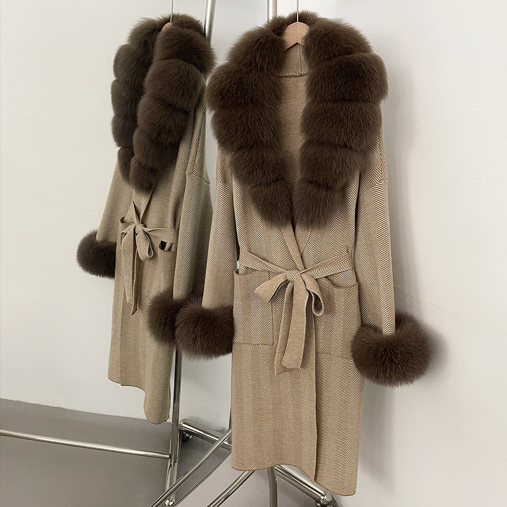 OFTBUY Winter Elegant Outerwear Warm Long Coat Lady New Women's Knit Coat with Large Real Fox Fur Collar Belted Cardigan Female