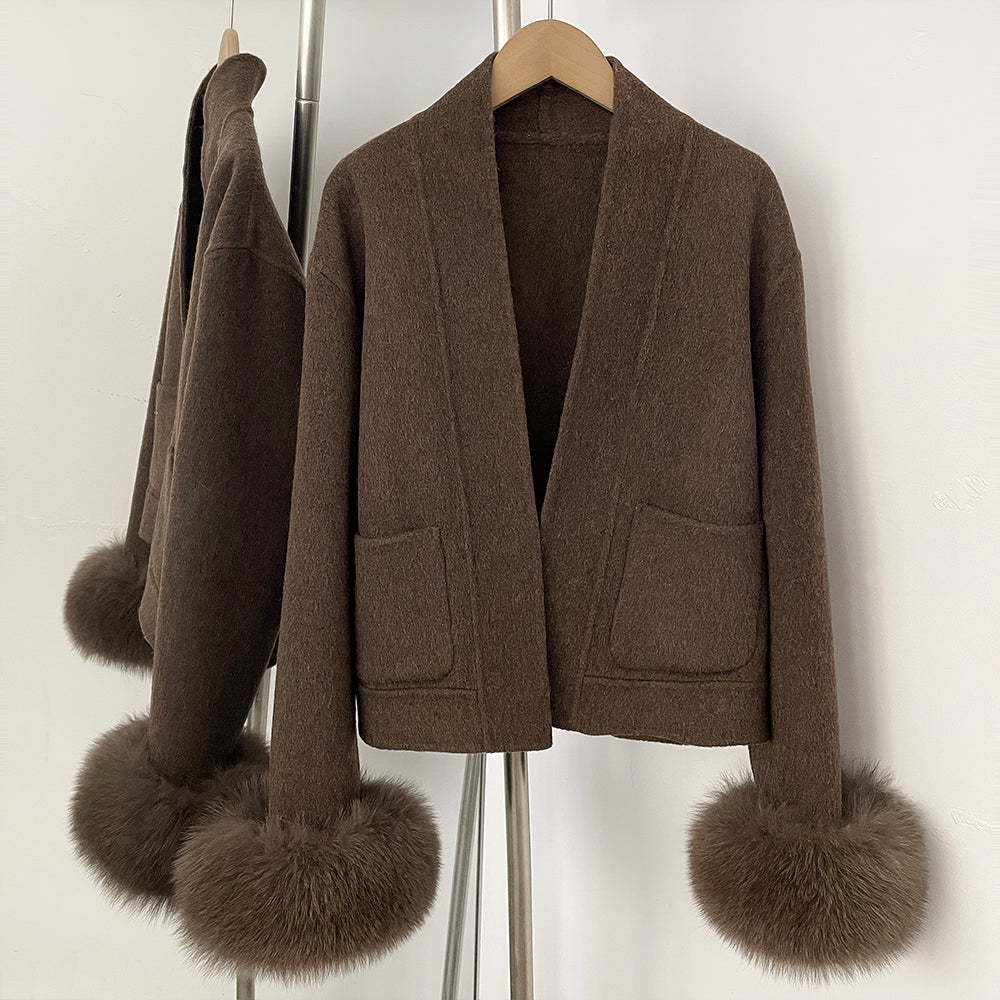 OFTBUY Elegant Warm Outerwear Women's Luxury Double-Faced Wool Jacket Winter Open Front Pocket Real Fox Fur Cuffs Woolen Coat