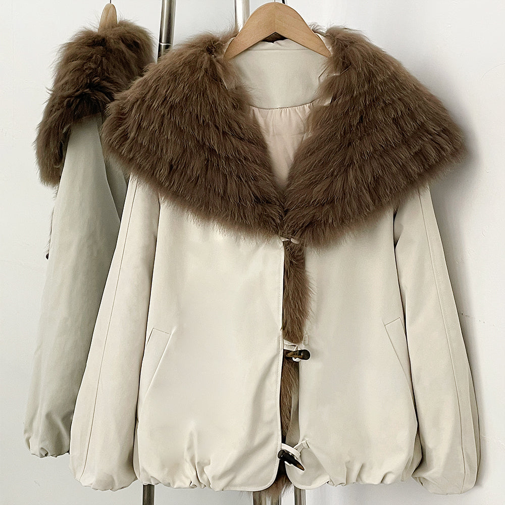 Cream cropped 90 duck down jacket with oversized full real fox fur lapel
