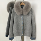OFTBUY Denim Trim Warm Autumn Winter Fashion Outerwear Sweater Female New Women's Knit Cardigan with Large Real Fox Fur Collar