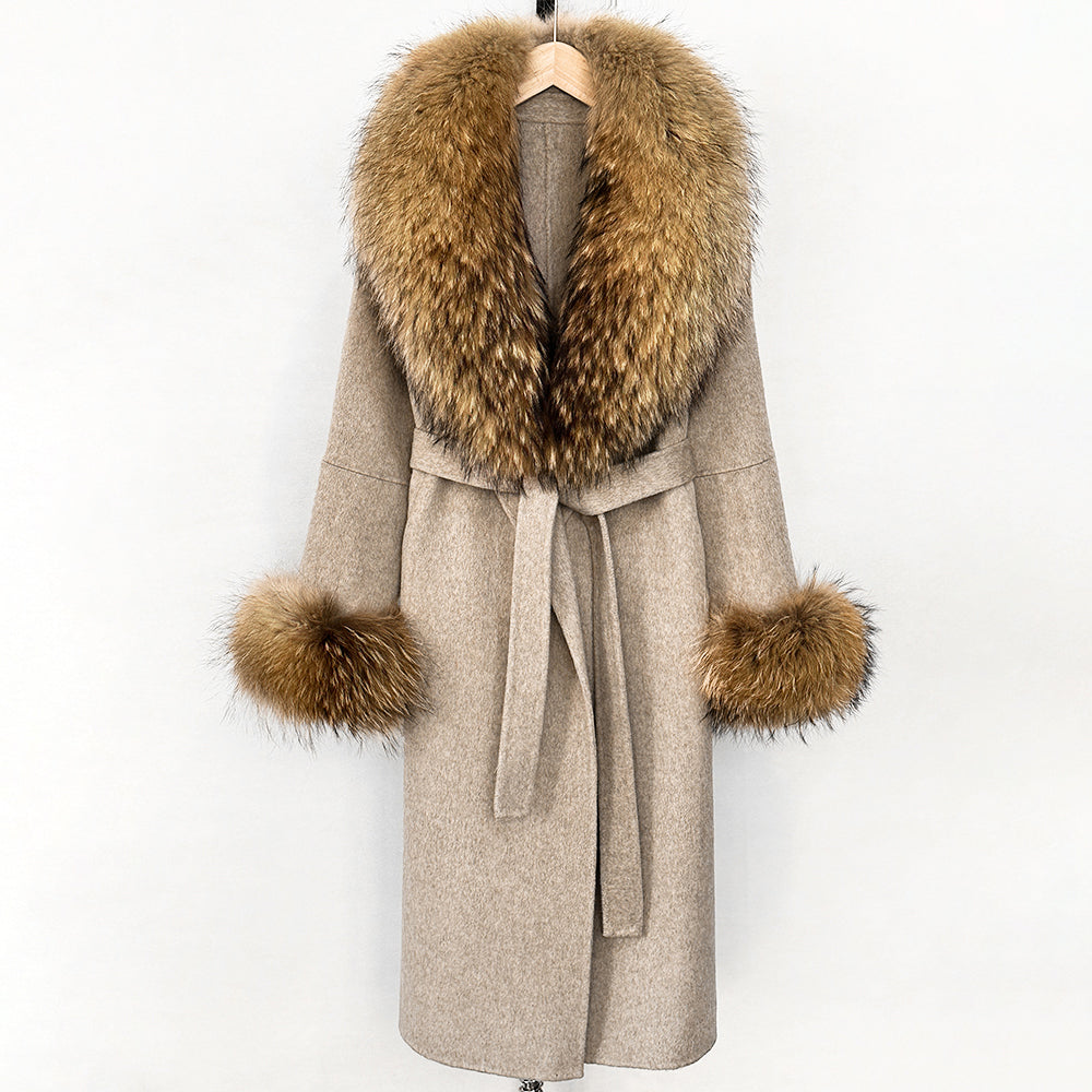 OFTBUY New Women's Double-Faced Wool Coat with Large Real Fox Fur Belted Warm Winter Luxury Fashion Outerwear Woolen Jacket Lady