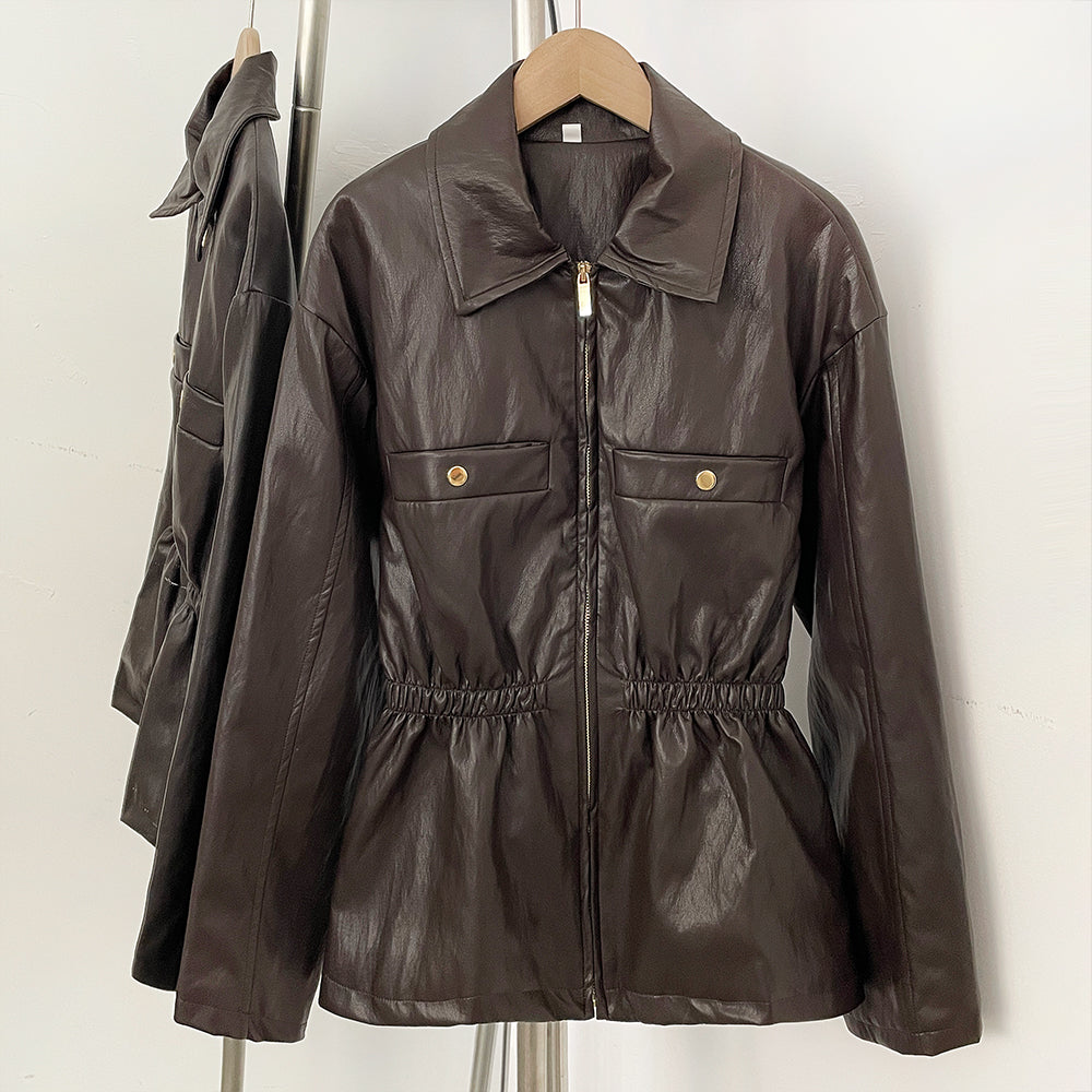 OFTBUY New Women's Faux Leather Jacket Lapel Collar Zipper Elastic Waist Pockets Elegant Fashion Outerwear Vintage Coat Female