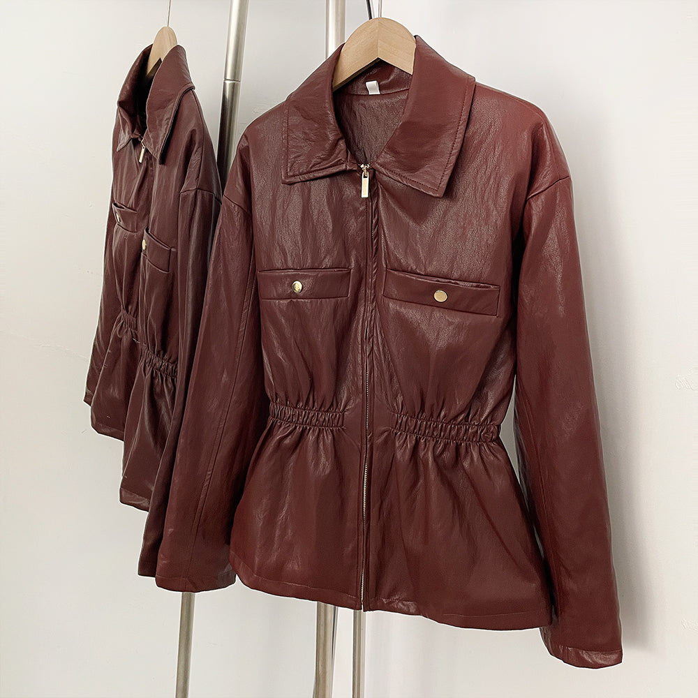 OFTBUY New Women's Faux Leather Jacket Lapel Collar Zipper Elastic Waist Pockets Elegant Fashion Outerwear Vintage Coat Female