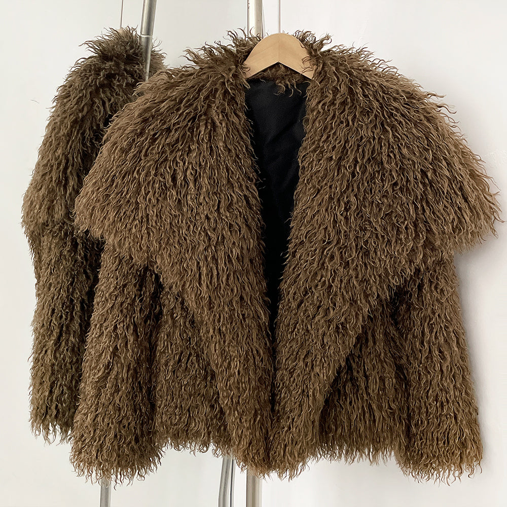 OFTBUY New Autumn Winter Clothes Women Fashion Big Collar Artificial Mongolia Sheep Fur Jacket Luxury Faux Fur Coat Fake Fur Overcoat