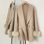 OFTBUY New Women's Wool Coat with Real Fox Fur Cuffs Double Breasted Diamond Button Lapel Winter Elegant Outerwear Female