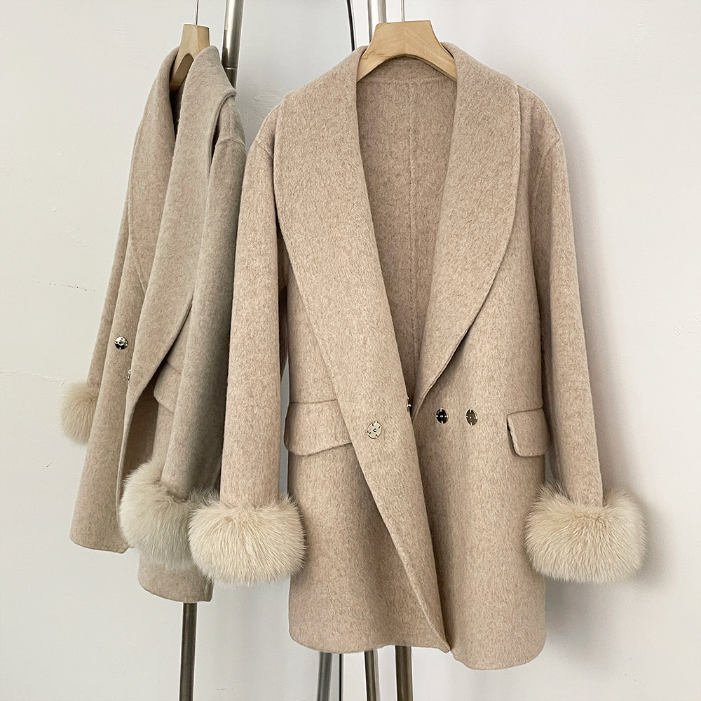 OFTBUY New Women's Wool Coat with Real Fox Fur Cuffs Double Breasted Diamond Button Lapel Winter Elegant Outerwear Female