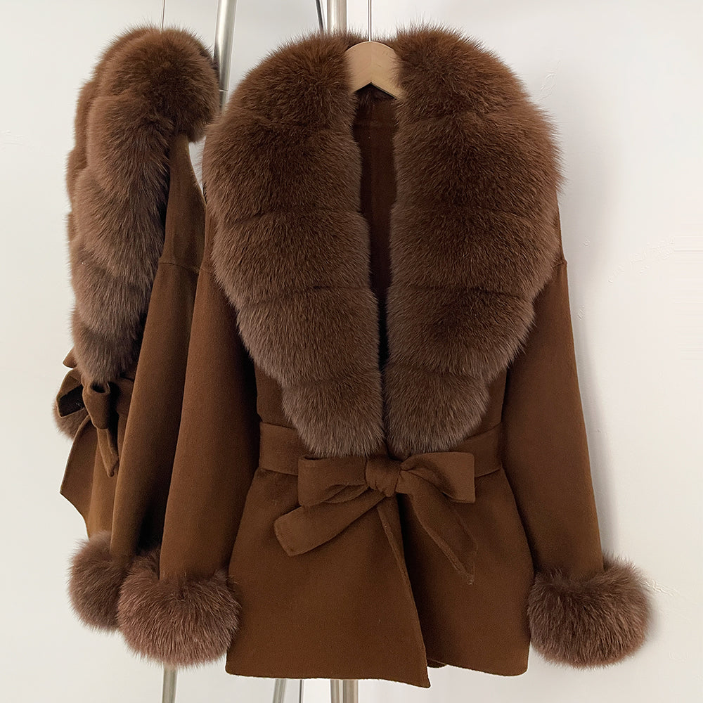 OFTBUY New Women's Double-Faced Wool Coat with Large Real Fox Fur Belted Warm Jacket Winter Elegant Fashion Outerwear Female