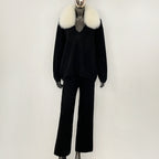 OFTBUY New Women's Knit Two Piece Set with Real Fox Fur Collar Loose Pants Warm Winter Elegant Casual Outfit Sweater Female