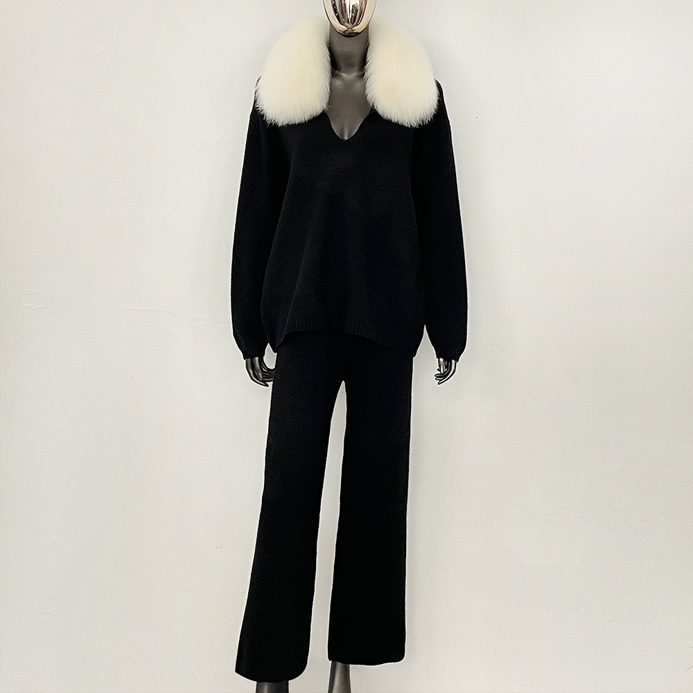 OFTBUY New Women's Knit Two Piece Set with Real Fox Fur Collar Loose Pants Warm Winter Elegant Casual Outfit Sweater Female