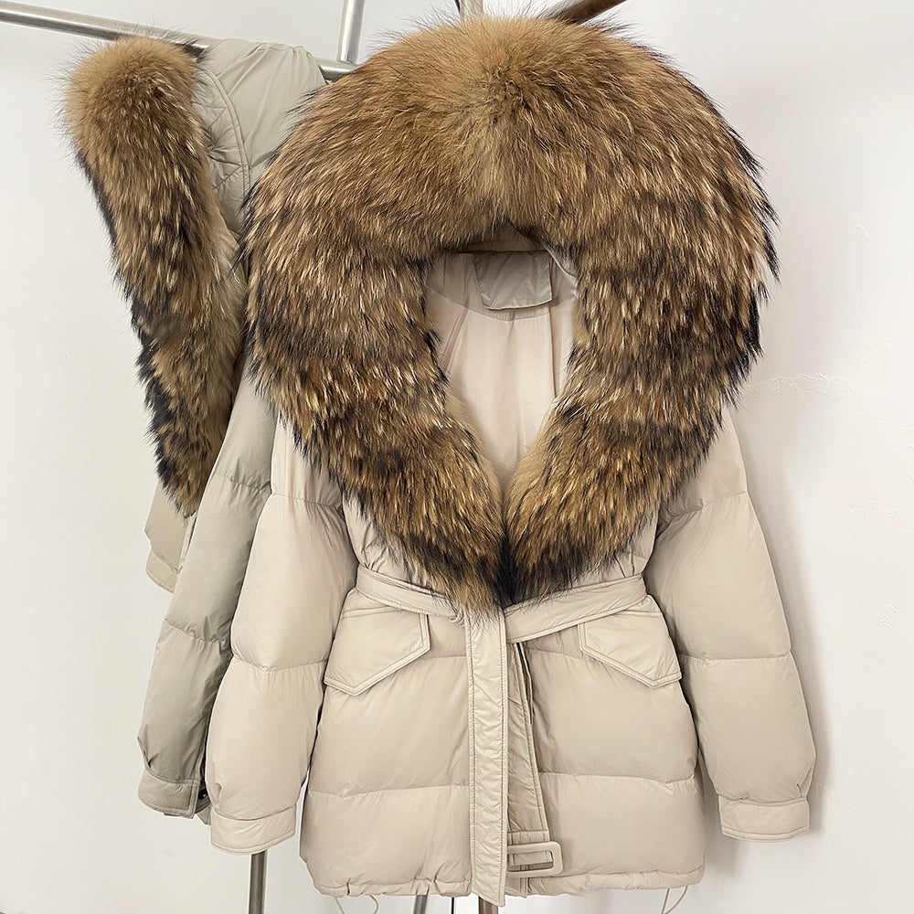 OFTBUY Thick Warm Mid-Long Puffer Coat Real Fox Fur Collar White Duck Down Coat Female Loose Warm Hooded Parkas With Belt