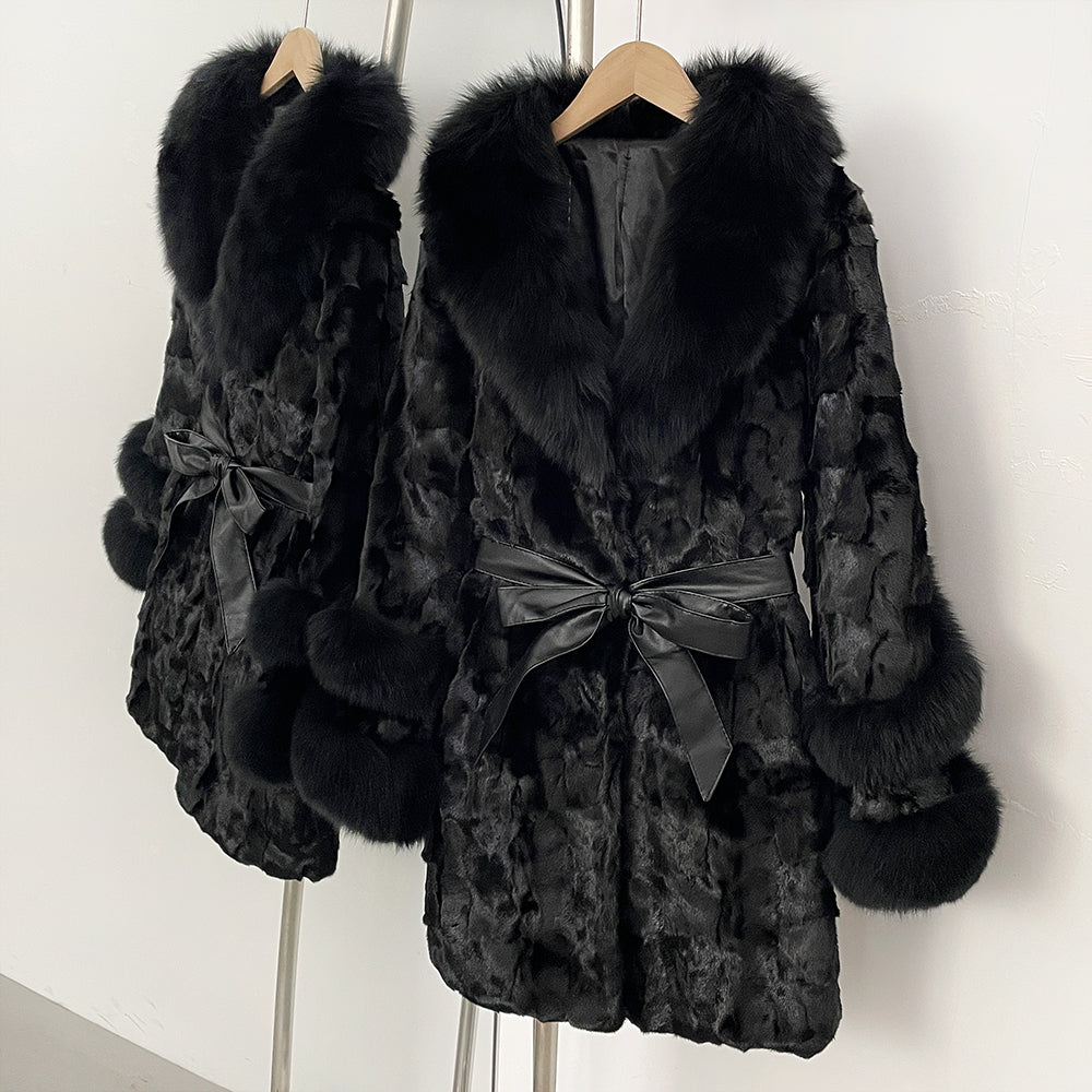 OFTBUY New Winter Thickened Warm Clothes Female Mid-length Leather Belt Real Mink Fur Coat Women Black Natural Fox Fur Jacket