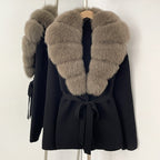 OFTBUY New Autumn Winter Luxury Fashion Outerwear Lady Women's Knit Coat with Large Real Fox Fur Collar Belt Textured Knit Warm