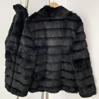 Back view of classic black tiered rex rabbit fur winter jacket