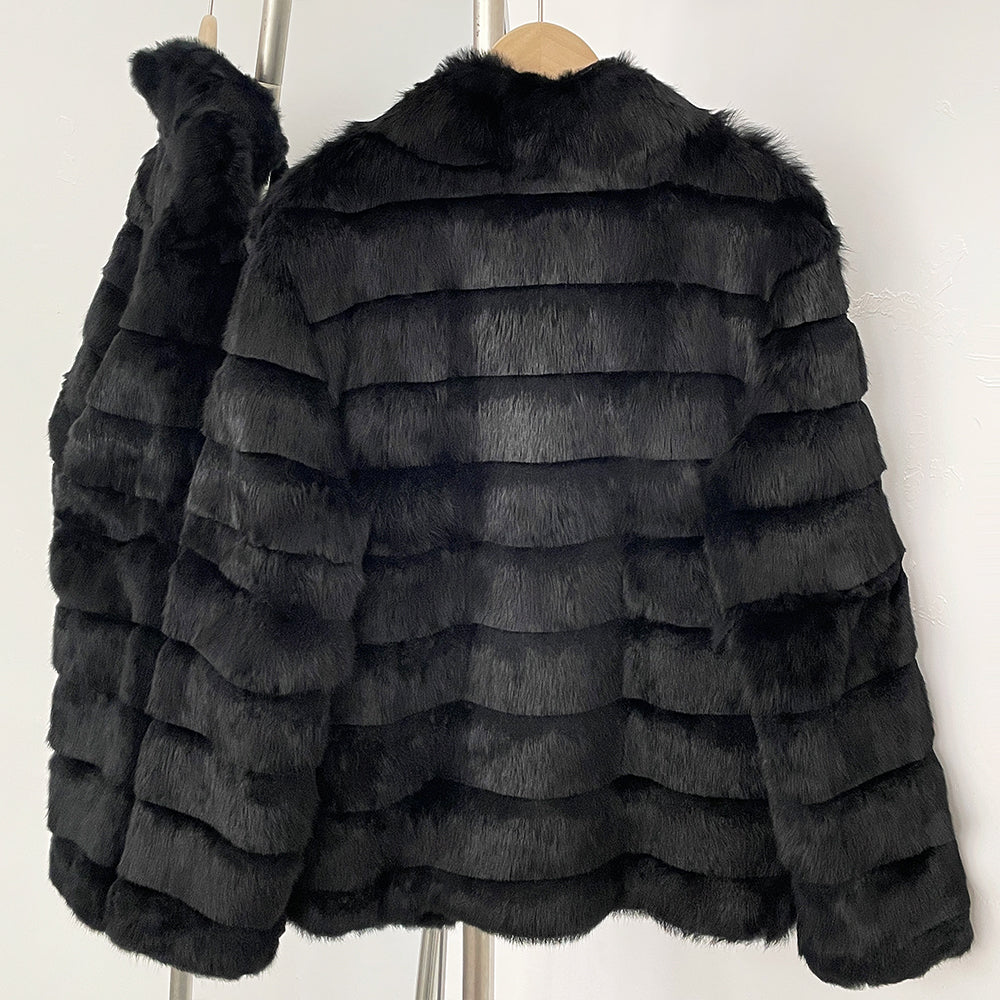 Back view of classic black tiered rex rabbit fur winter jacket
