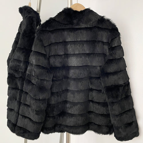 Back view of classic black tiered rex rabbit fur winter jacket