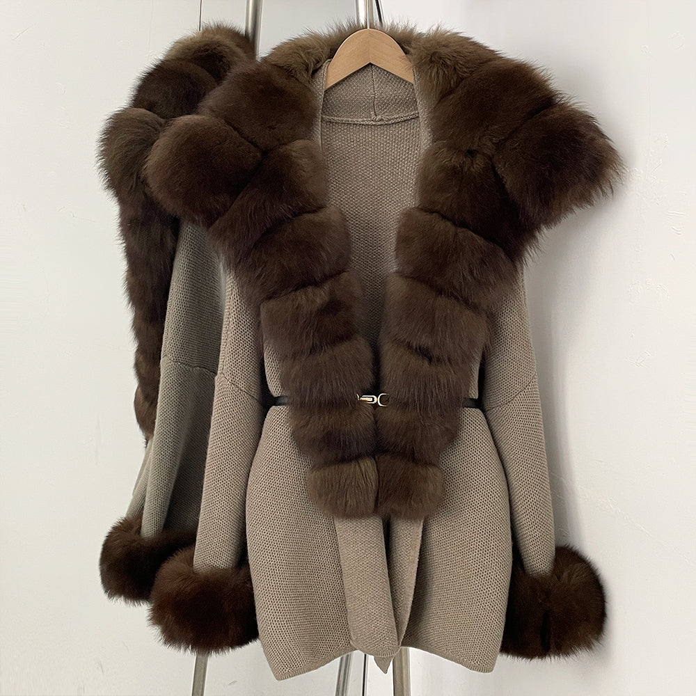 OFTBUY Belt Loose Fit Warm Winter Fashion Outerwear Natural Fur Sweater Female New Women's Knit Coat with Large Real Fox Fur