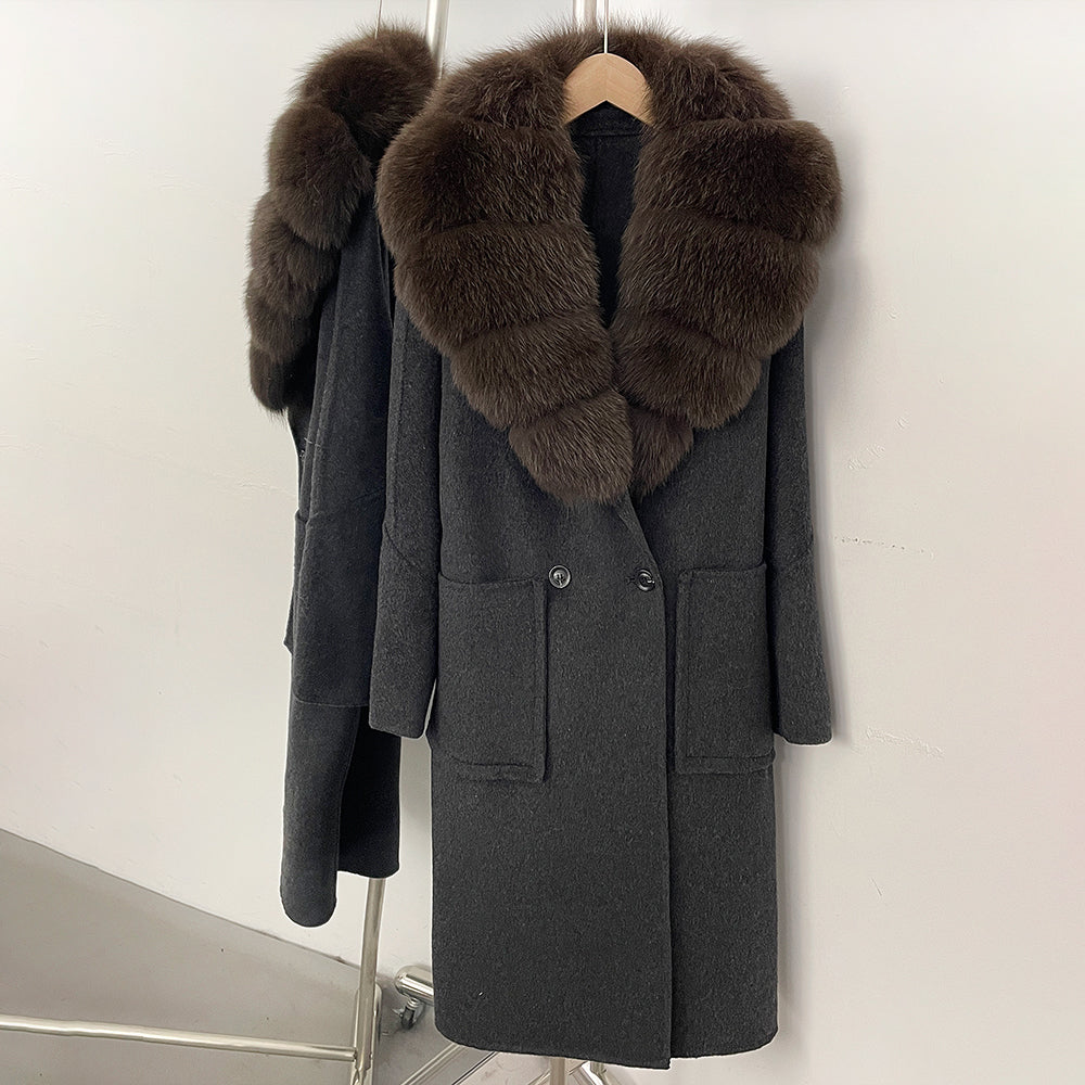 OFTBUY Double Breasted Pockets Long Luxury Warm Winter Outerwear New Women's Double-Faced Wool Coat with Real Fox Fur Collar