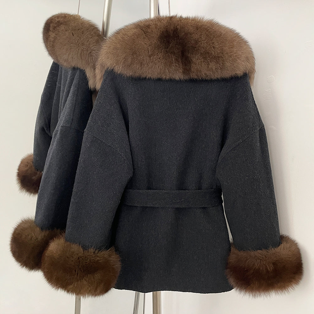 OFTBUY New Women's Double-Faced Wool Coat with Large Real Fox Fur Collar Cuffs Belted Warm Winter Elegant Fashion Outerwear Lady