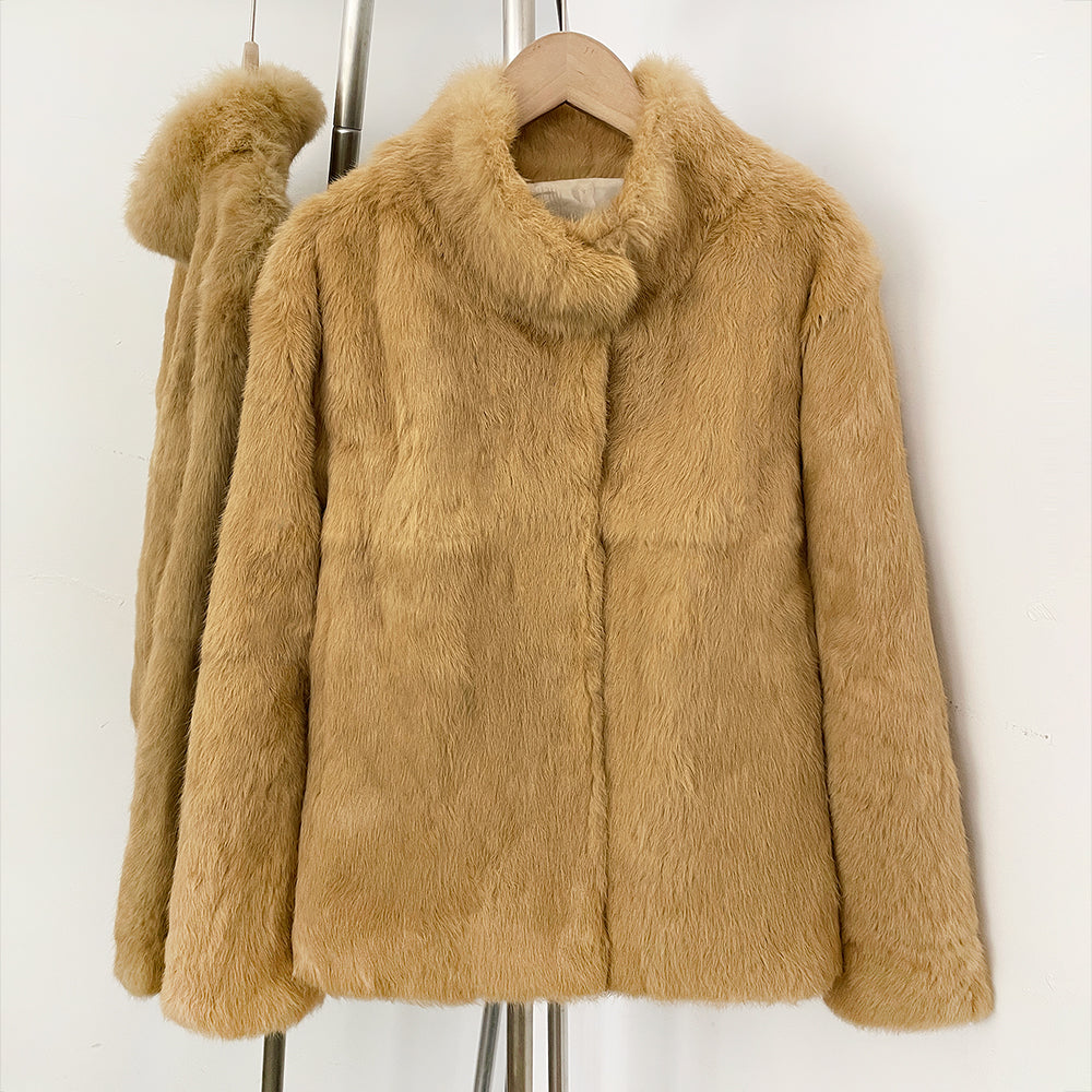 OFTBUY Women's Real Rabbit Fur Coat Luxury Camel Fur Jacket with Stand Collar New Warm Autumn Winter Clothes Female Outerwear
