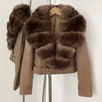 OFTBUY Natural Fox Fur Faux Leather Jacket Female New Autumn Short Top Clothing Women Long Sleeve Fake Leather Real Fur Coat