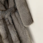 OFTBUY Luxury Long-Length Belted Faux Fur Coat - Premium Vegan Silver Fox Style Overcoat with Oversized Lapel