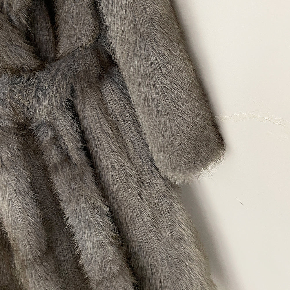OFTBUY Luxury Long-Length Belted Faux Fur Coat - Premium Vegan Silver Fox Style Overcoat with Oversized Lapel