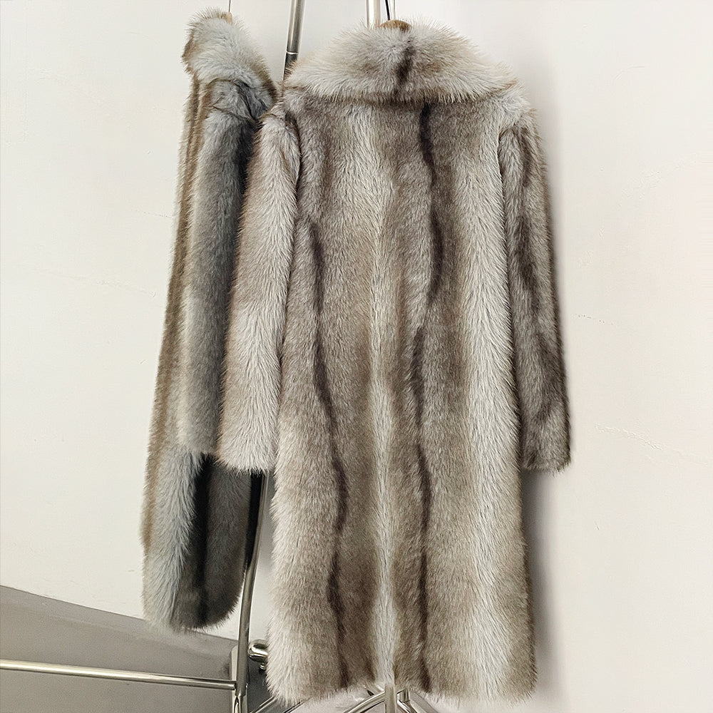 OFTBUY Luxury Long-Line Notch Lapel Faux Fur Coat - Elegant Winter Vegan Fur Overcoat