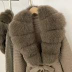 OFTBUY New Women's Knit Coat with Large Real Fox Fur Collar Belted Waist Striped Texture Pockets Winter Luxury Elegant Outerwear