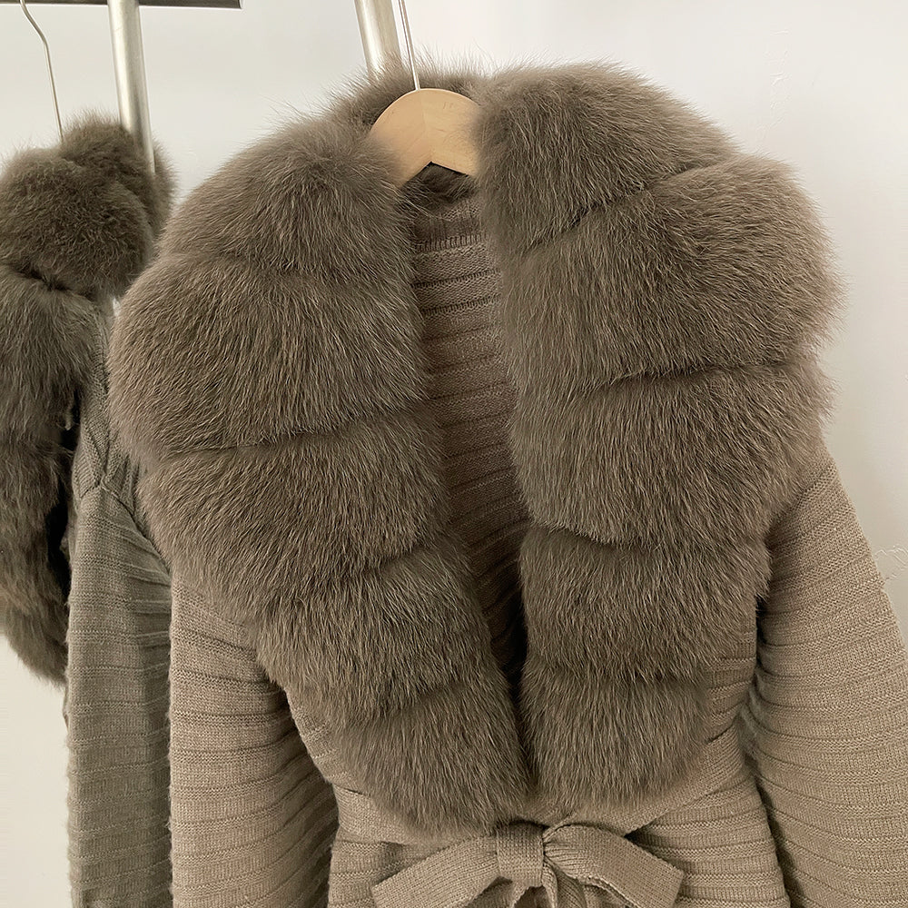 OFTBUY New Women's Knit Coat with Large Real Fox Fur Collar Belted Waist Striped Texture Pockets Winter Luxury Elegant Outerwear
