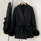 OFTBUY 100% Wool Wrap Belted Short Coat - Wide Shawl Lapel Real Fox Fur Cuff Luxury Double Sided Wool Jacket