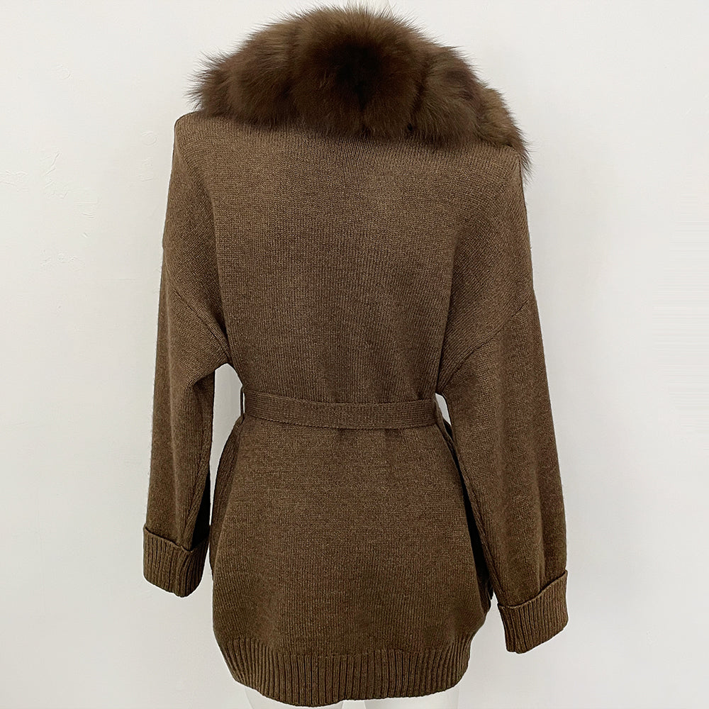 OFTBUY Trim Belted Waist Warm Winter Luxury Fashion Outerwear Sweater Female New Women's Knit Cardigan with Large Real Fox Fur