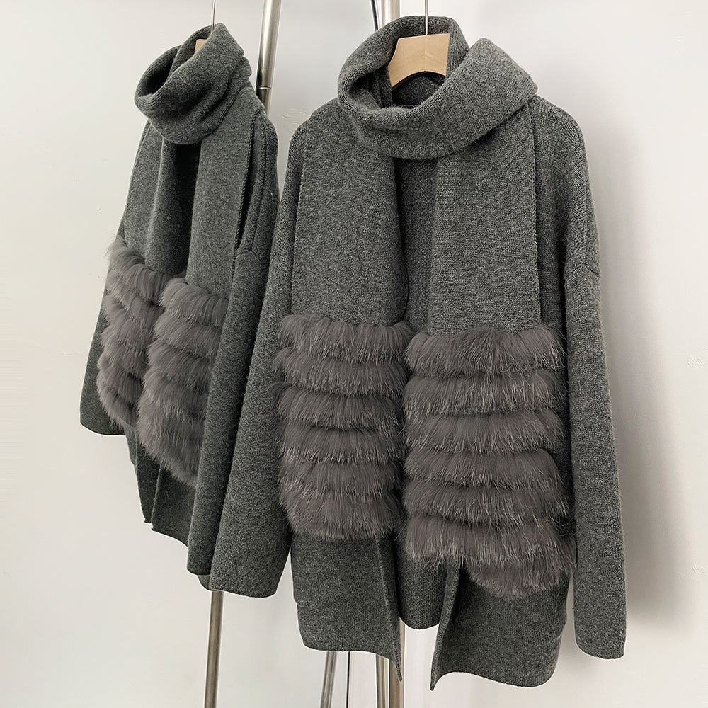 OFTBUY Elegant Cardigan Sweater New Women's Knit Coat with Real Fox Fur Loose Fit Pockets Warm Winter Fashion Cardigan Female