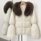 OFTBUY New Winter Loose Top Clothes Women Real Fox Fur Fluffy Puffer Jacket Female Lantern Sleeves Natural Fur Collar Down Coat