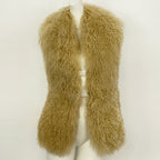 OFTBUY Solid Deep V-Neck Backless Bandage Sleeveless Jackets Fluffy Luxury Real Mongolian Fur Halter Vests Women Outerwear Coat