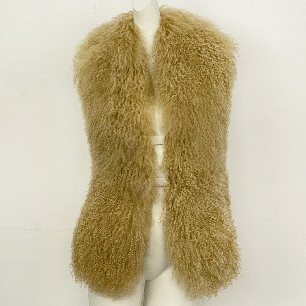 OFTBUY Solid Deep V-Neck Backless Bandage Sleeveless Jackets Fluffy Luxury Real Mongolian Fur Halter Vests Women Outerwear Coat