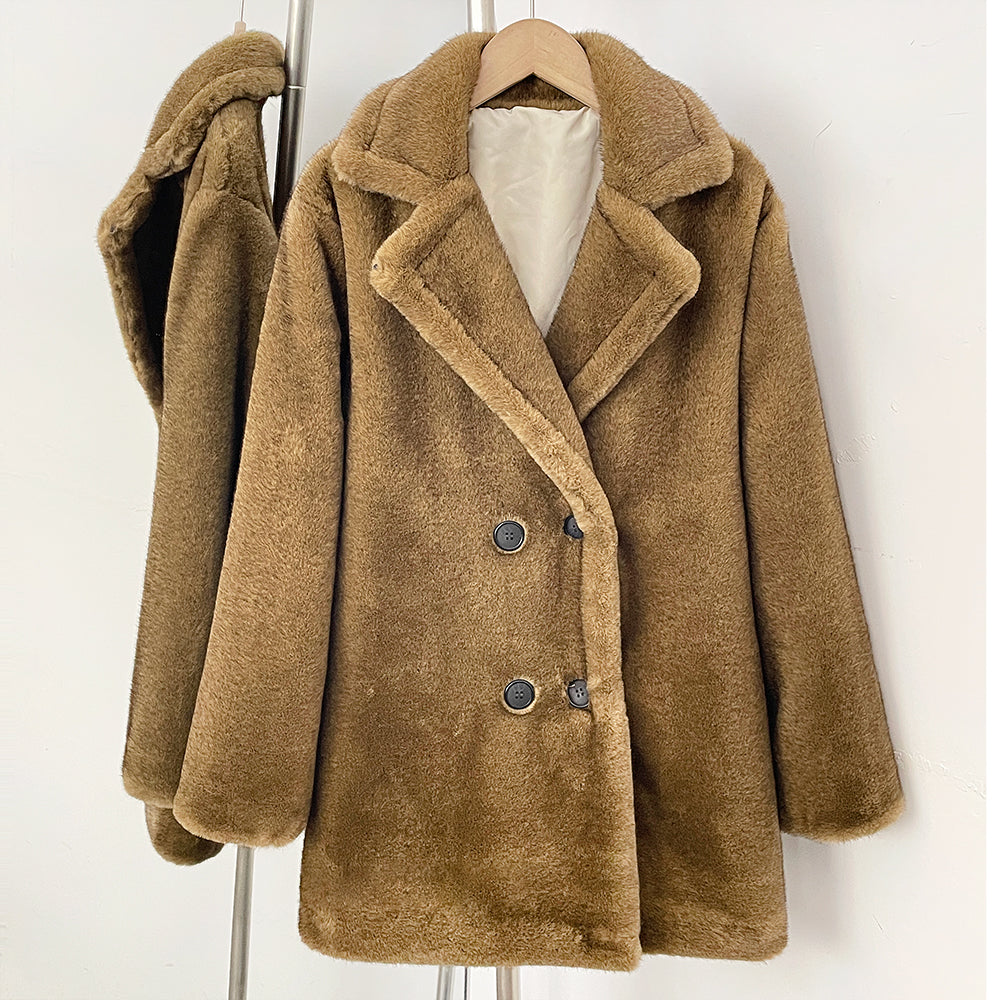 OFTBUY Luxury Notched Lapel Faux Mink Fur Mid Coat - Double Breasted Vegan Fur Mid-Length Winter Blazer Coat