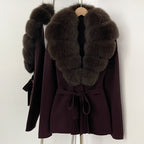 OFTBUY New Autumn Winter Luxury Fashion Outerwear Lady Women's Knit Coat with Large Real Fox Fur Collar Belt Textured Knit Warm