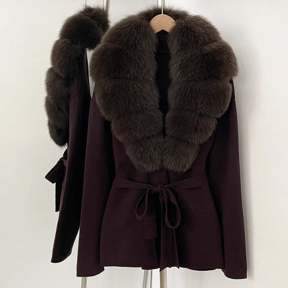 OFTBUY New Autumn Winter Luxury Fashion Outerwear Lady Women's Knit Coat with Large Real Fox Fur Collar Belt Textured Knit Warm