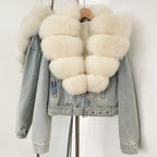 OFTBUY Real Fox Fur Collar Down Inner Lid Denim Jacket Female New Fashion Thick Warm Clothes Women Short Fluffy Puffer Jacket