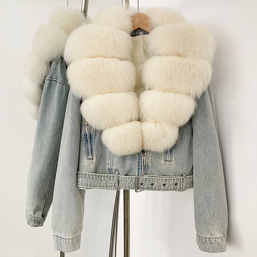 OFTBUY Real Fox Fur Collar Down Inner Lid Denim Jacket Female New Fashion Thick Warm Clothes Women Short Fluffy Puffer Jacket