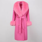 OFTBUY Winter Jacket Women Long Natural Wool Blends Cashmere Real Fur Coat Double Breasted Belt Warm Streetwear New Fashion