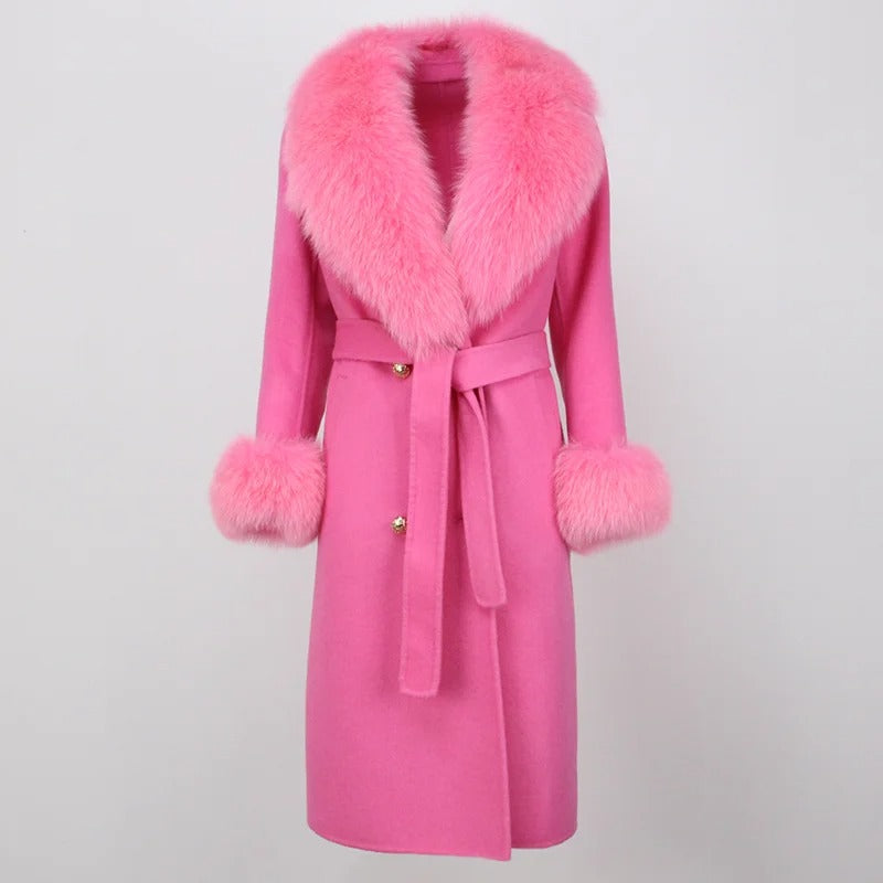 OFTBUY Winter Jacket Women Long Natural Wool Blends Cashmere Real Fur Coat Double Breasted Belt Warm Streetwear New Fashion
