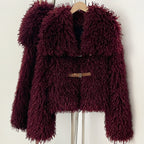 Rich burgundy oversized collar curly faux mongolian sheep fur cropped jacket with leather waist belt
