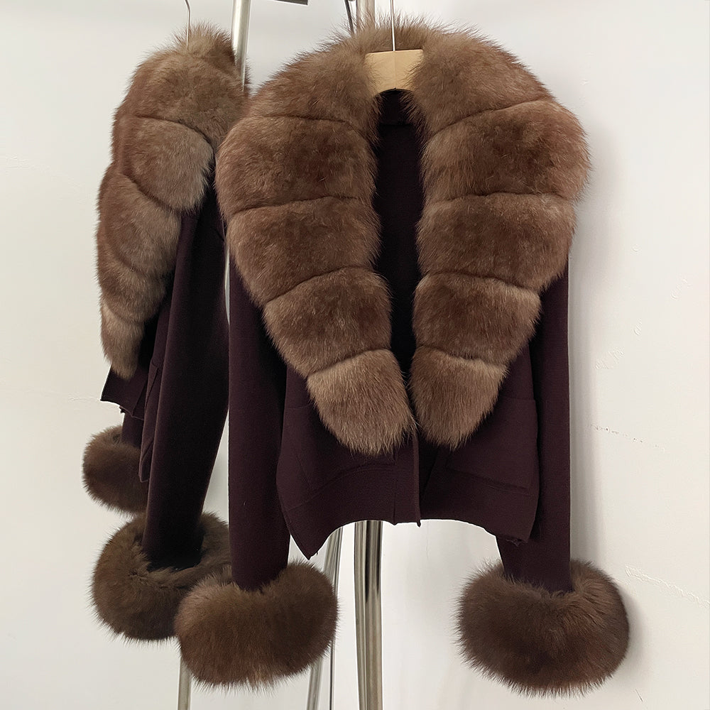 OFTBUY Loose Fit Warm Winter Fashion Lady Outerwear Sweater Female New Women's Knit Cardigan with Large Real Fox Fur Collar