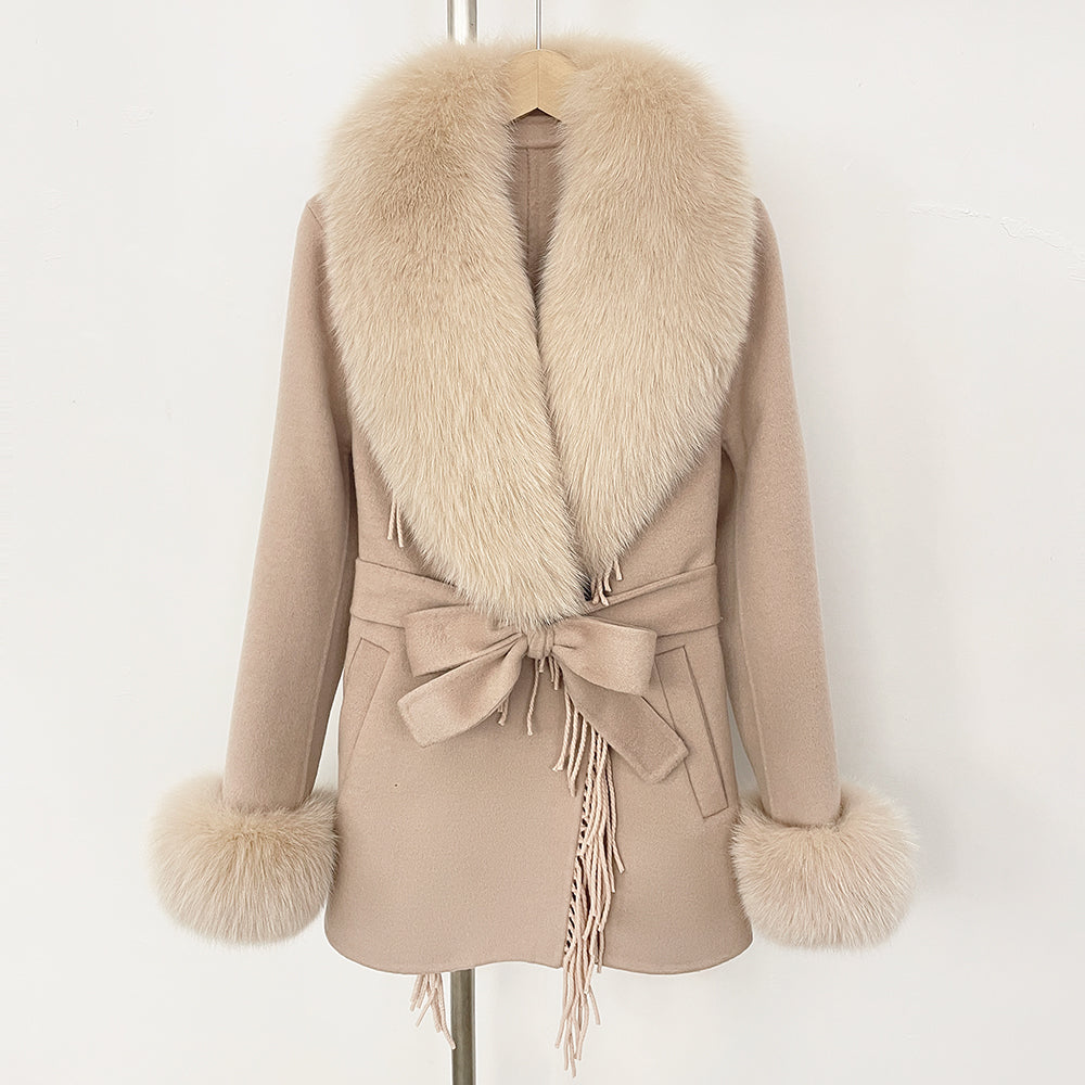 OFTBUY Short Real Fox Fur Wool Coat New Autumn Winter Clothes Women Fashion Natural Fur Woolen Jacket Female Tassel Overcoat