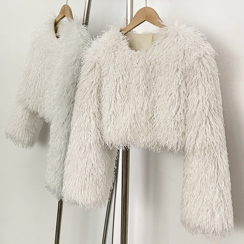 OFTBUY Faux Fur Coat for Women Fur Fluffy Autumn Short Fur Coat Eco-friendly Warm Female New Winter Jacket Long Sleeves O-neck