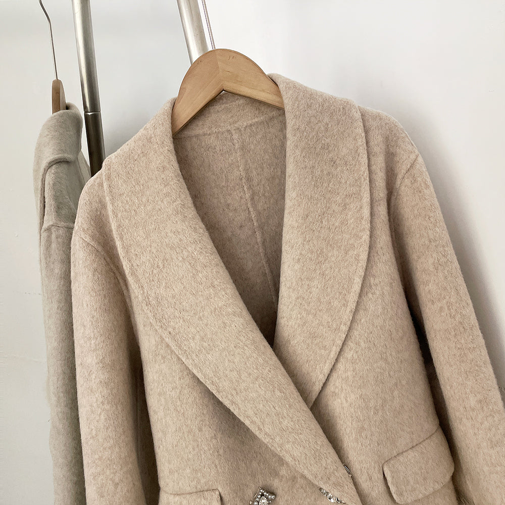 OFTBUY New Women's Wool Coat with Real Fox Fur Cuffs Double Breasted Diamond Button Lapel Winter Elegant Outerwear Female