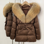 OFTBUY New Women's Duck Down Jacket with Large Real Fox Fur Hood Belted Waist Warm Winter Puffer Coat Lady Luxury Outerwear