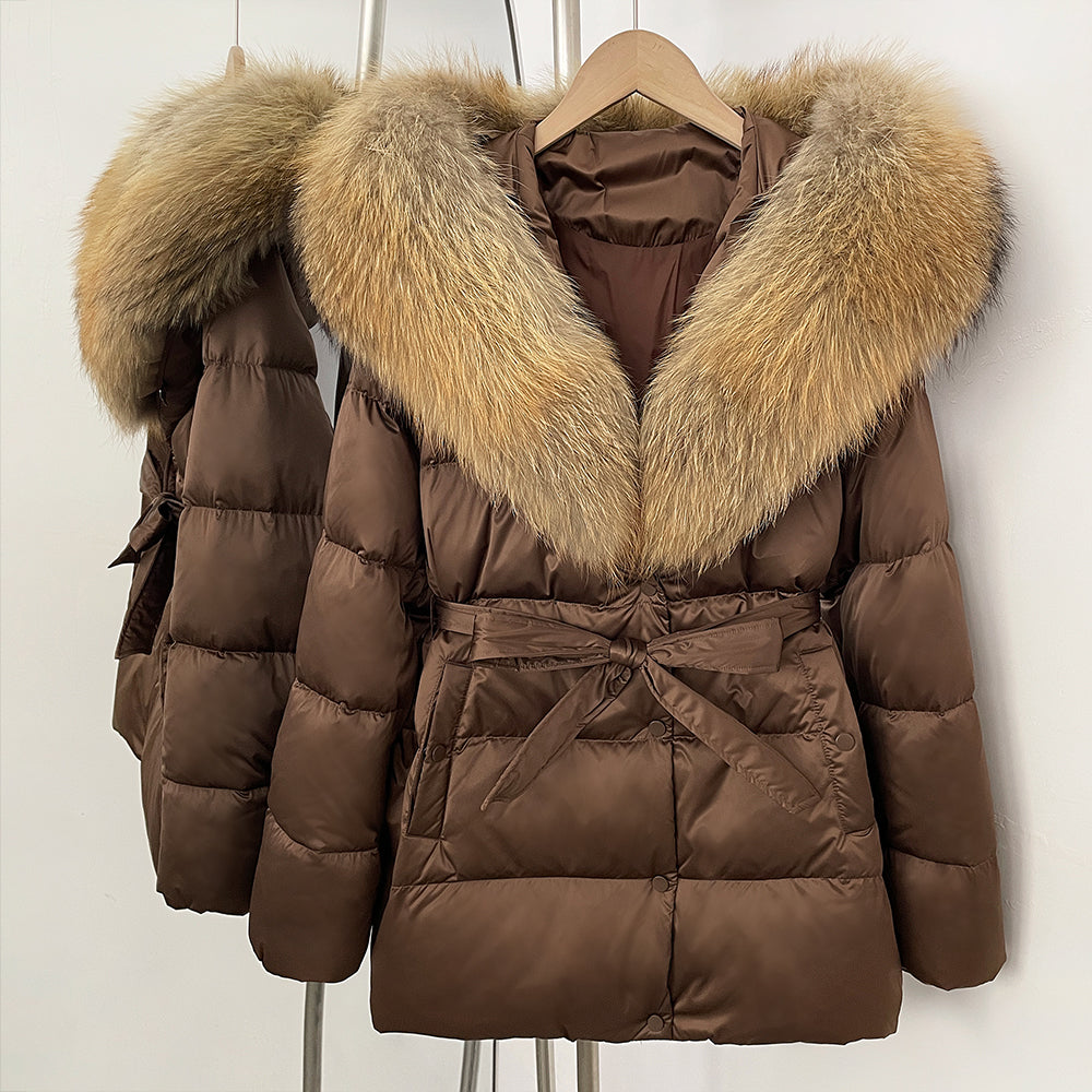 OFTBUY New Women's Duck Down Jacket with Large Real Fox Fur Hood Belted Waist Warm Winter Puffer Coat Lady Luxury Outerwear