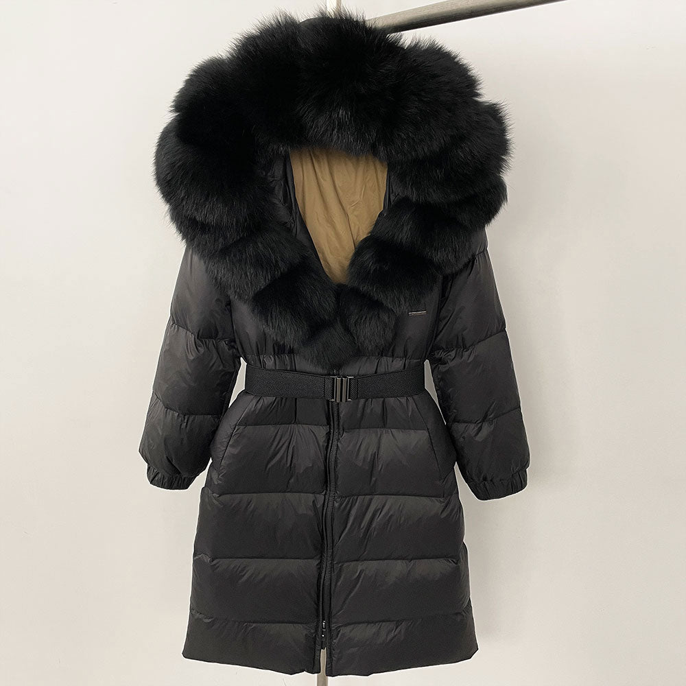 OFTBUY New Natural Thick Warm Duck Down Coat Female Long Winter Jacket Women Real Big Fox Fur Collar Belt Loose Puffer Parka